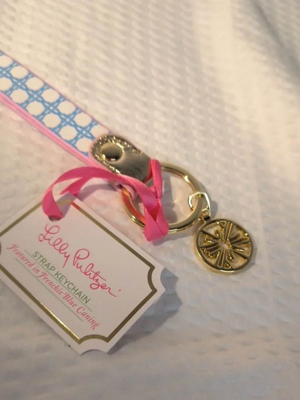 Lilly Pulitzer Pink and Light Blue Patterned Wristlet Keychain With Charm